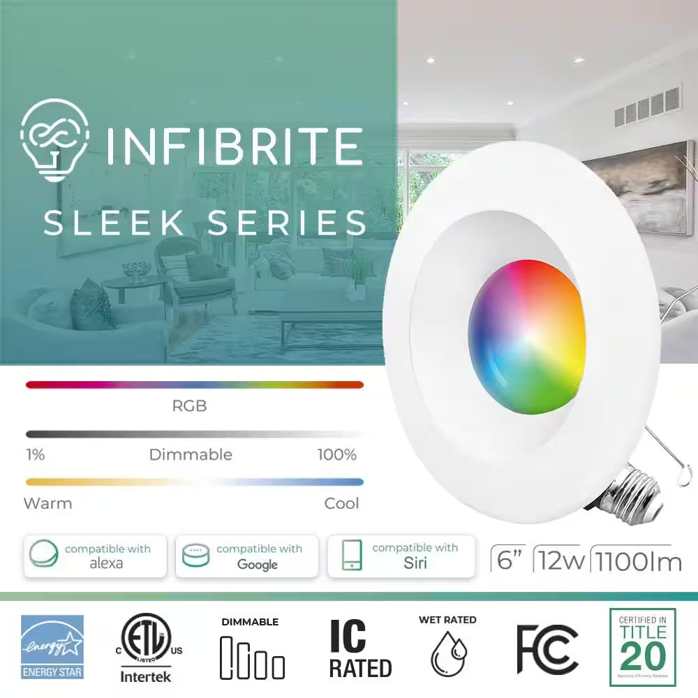 12-Pack 6 In. Wi-Fi Smart 12-Watt 1100 Lumens Thin Recessed Retrofit LED Sleek Series Light Kit/Google, Wet Rated