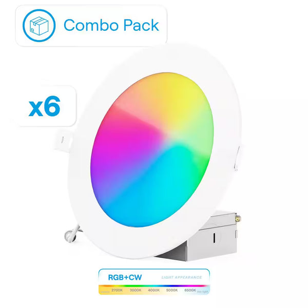 6-Pack 6 In. Wi-Fi Smart Ultra-Thin Recessed Integrated LED 12W 1100LM Dimmable, Works W/Alexa/Google, Wet Rated
