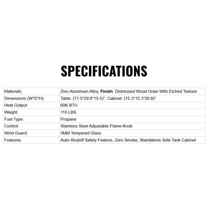 71-Inch Outdoor 60K BTU Fire Pit Table With Wind Guard (SAK41326)