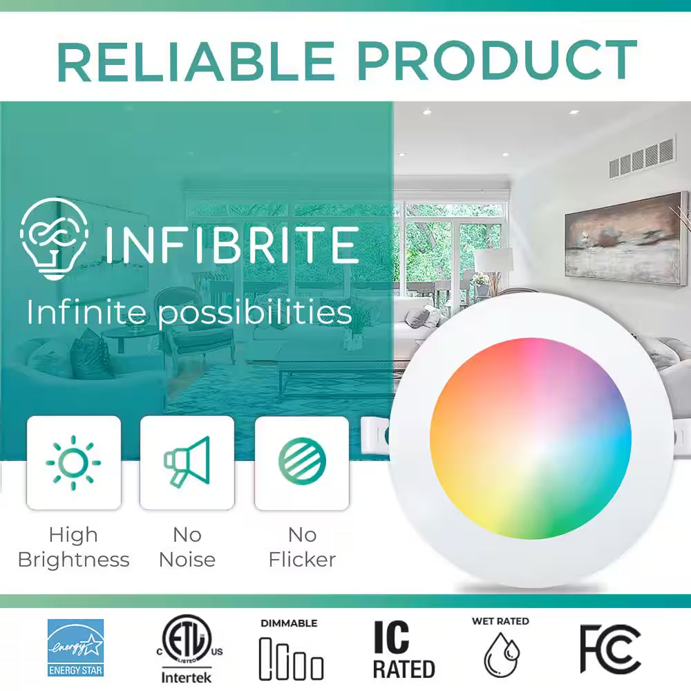 6-Pack 6 In. Wi-Fi Smart Ultra-Thin Recessed Integrated LED 12W 1100LM Dimmable, Works W/Alexa/Google, Wet Rated