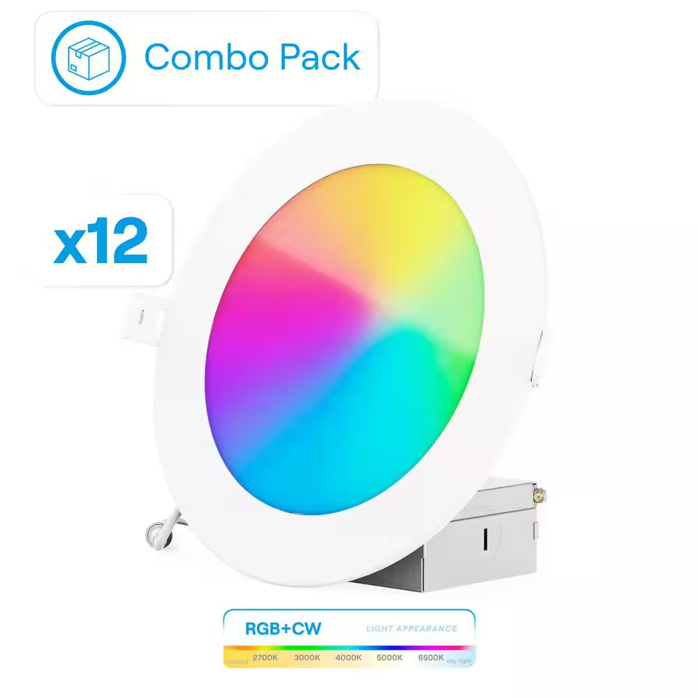 12-Pack 6 In. Wi-Fi Smart Ultra-Thin Recessed Integrated LED 12W 1100 Lumens Dimmable, Works W/Alexa/Google Wet Rated